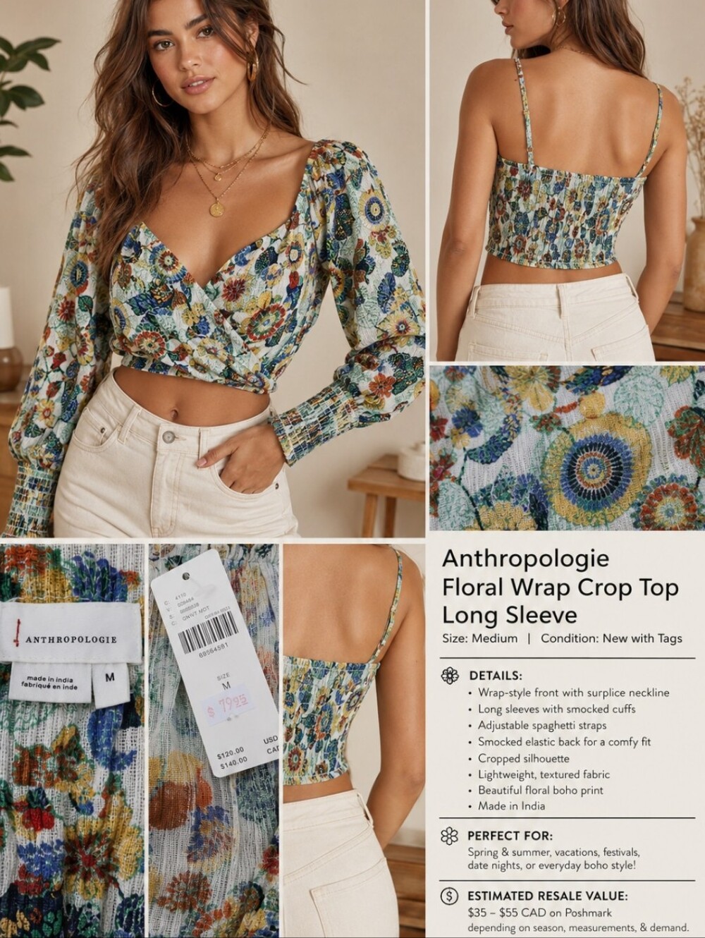 Anthropologie Floral Wrap Crop Top in Blue, Green, Yellow 2 Pieces